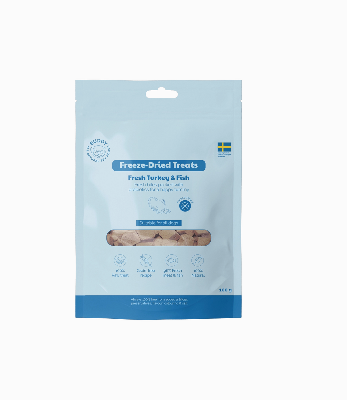 Friandises lyophilisées à base de dinde et de poisson frais